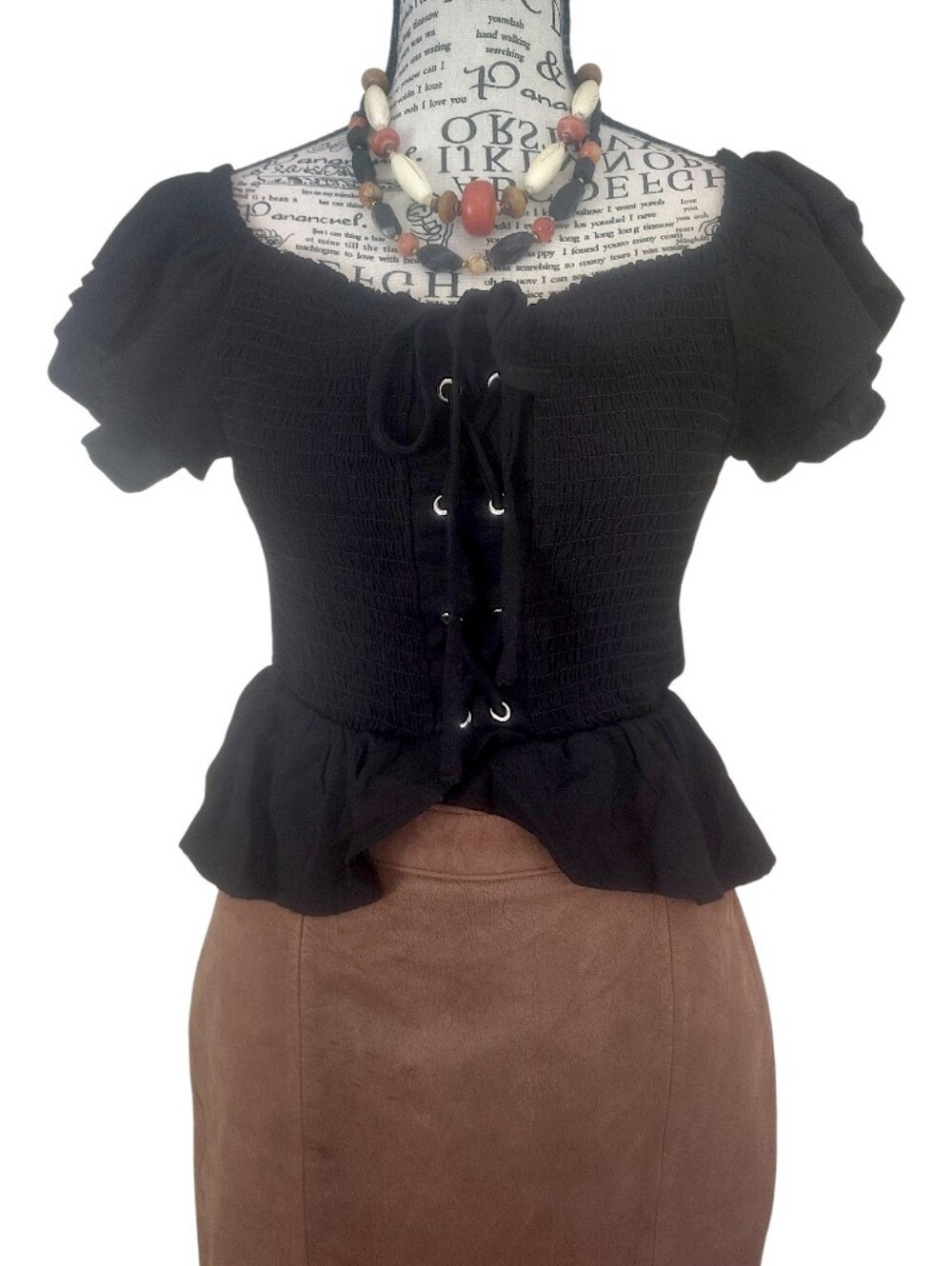 Trendy Js Black Smocked Peplum Lace Up Flutter Sleeve Crop Top Large